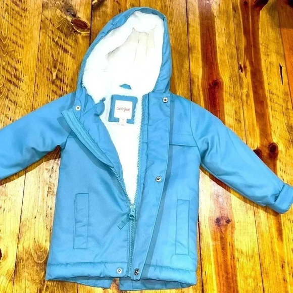 Cat and Jack NWOT KIDS fuzzy interior jacket coat w hood, pockets zip & button - Picture 1 of 6